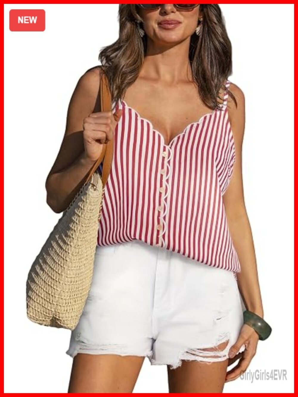Scallop Trim V Neck Tank Top Sleeveless Striped Camisole Tank